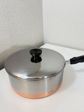 Vintage B.Y. Korea 3-Quart Copper Bottom Saucepan Stainless Steel w/ Lid GUC